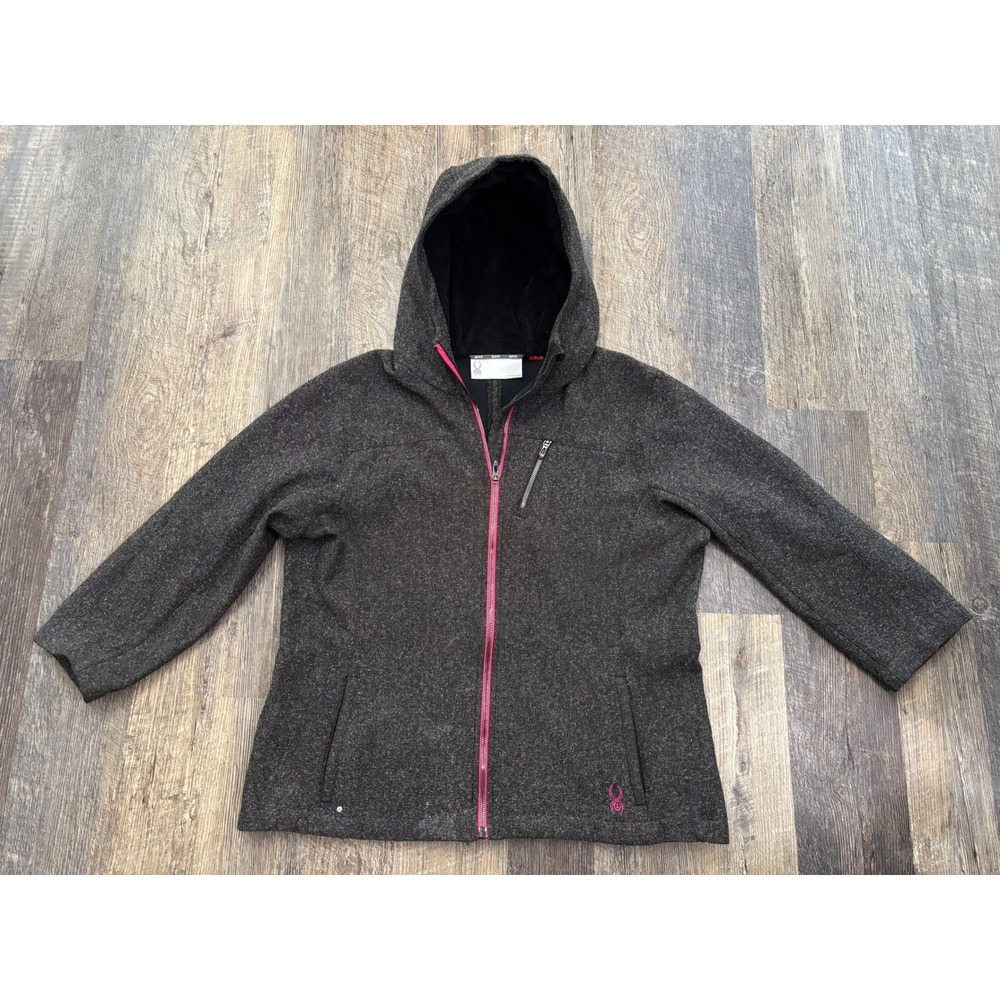 Spyder Womens‎ XL Full Zip Hooded Sweater Jacket Charcoal Gray Pink RN 143097